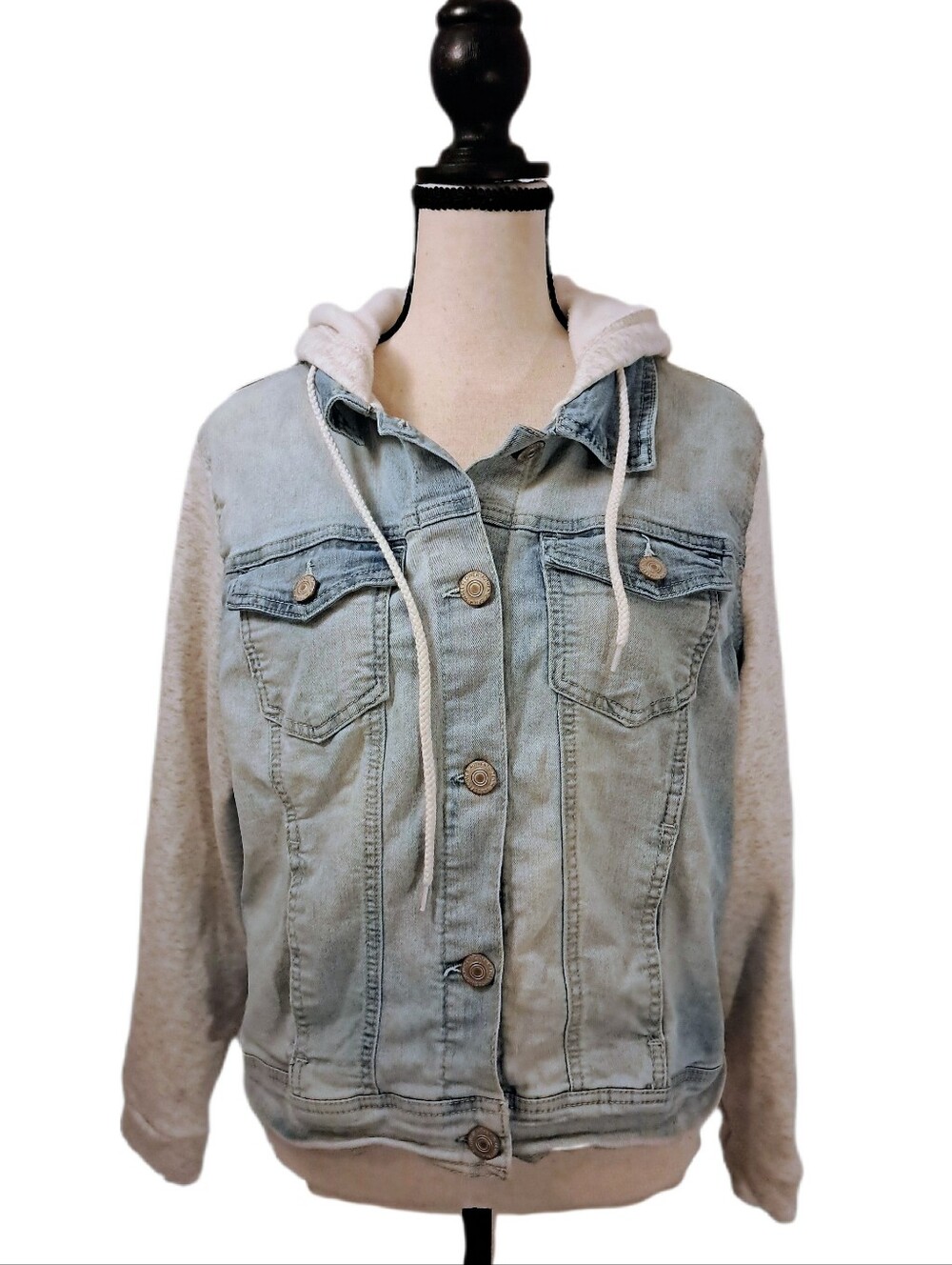 Wallflower Dreamer Fit Denim Sweatshirt Jacket Hooded Stretch 4 Pocket Button XL